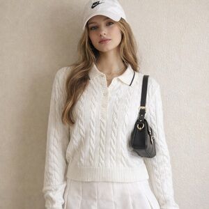 Aeropostale White Cable Knit Polo Sweater Preppy Tennis Coastal Country Club L